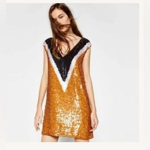 Zara NWT orange and black sequin mini dress in M